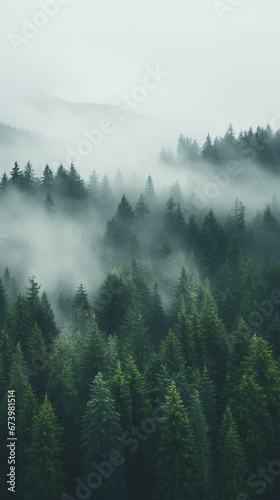 drone photo of a forest in Idaho and the Pacific Northwest on a foggy day, vertical orientation for social platforms 