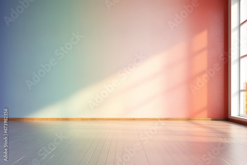 Modern rainbow gradient Interior with geometrical sunlight and shadows. Empty wall mockup