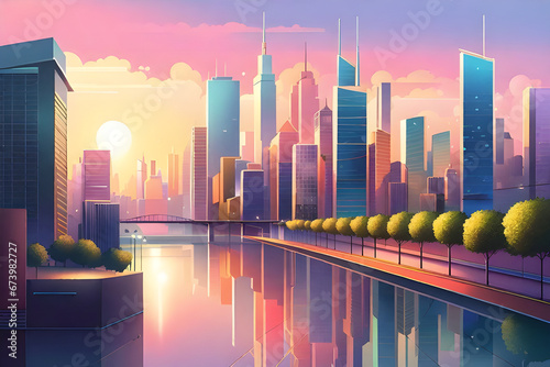 A pastel-toned cityscape. Generative AI