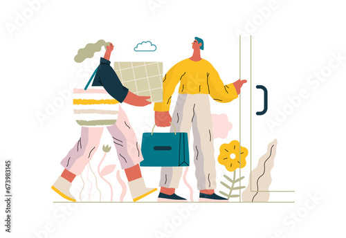 Mutual Support: Door Holding - modern flat vector concept illustration of woman carrying heavy box and man holding door for her. A metaphor of voluntary, collaborative exchanges of resource, services