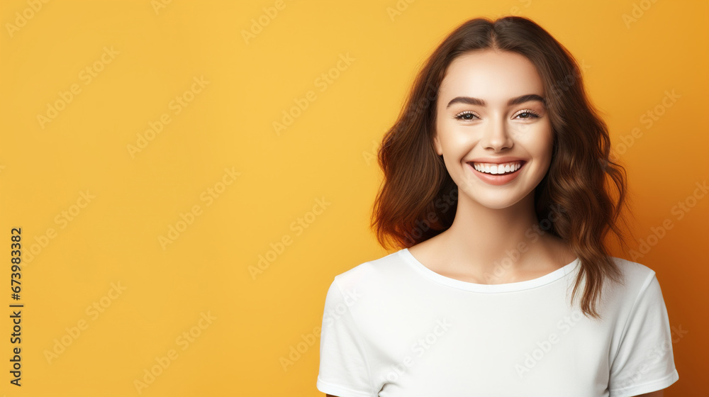 Front view portrait of happy Caucasian young woman on yellow banner with copy space