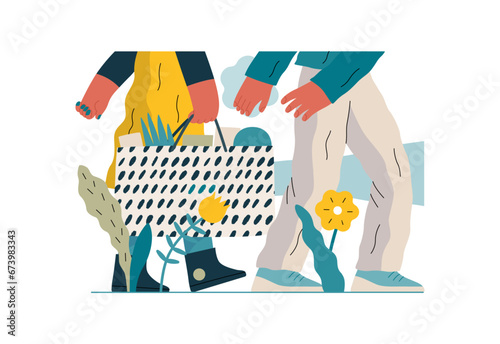 Mutual Support: Picking Up the Dropped Item -modern flat vector concept illustration of a woman carrying shopping bag being assisted by man. Metaphor of voluntary, collaborative exchanges of services