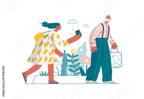 Mutual Support: Picking Up the Dropped Item -modern flat vector concept illustration of a woman who picked up a wallet lost by an elderly man Metaphor of voluntary, collaborative exchanges of services