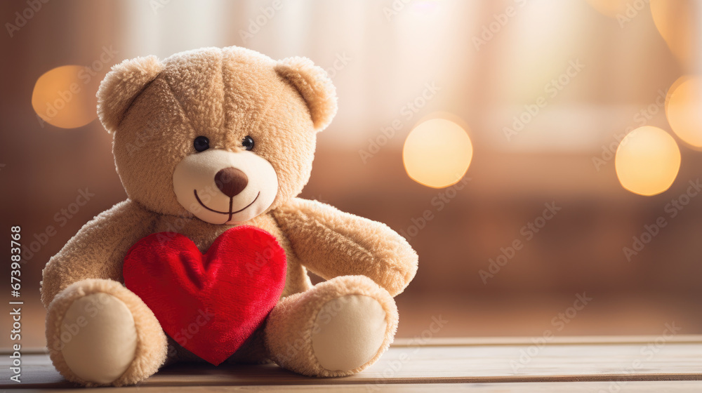 bear plush holding a heart on wooden table, generative ai - obrazy, fototapety, plakaty 