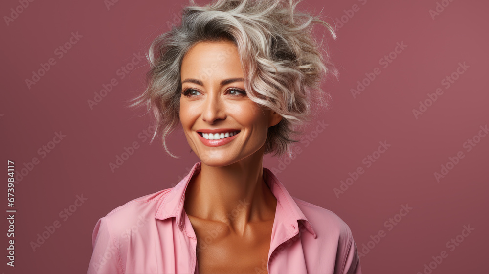 happy beautiful mid aged woman on color background, generative ai happy beautiful mid aged woman on color background, generative ai