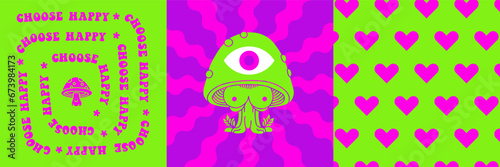 Neon psychedelic hippy cover set with mushroom and single eye. Hallucination elements hearts pattern and Choose happy typography. Groovy vector hallucination cards design
