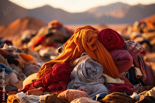 The desert backdrop highlights a mound of excess  with used garments evidencing our rampant consumption.