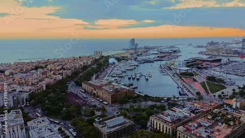 Barcelona city sunset aerial shot