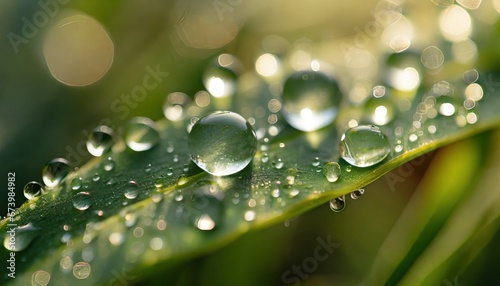 beautiful drops of transparent rain water on a green leaf macro