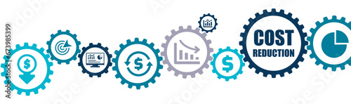 Cost reduction banner vector illustration with the icons of graph, reduce, financial, decrease, management, strategy, analysis, investment, report, optimization, economic, money on white background.