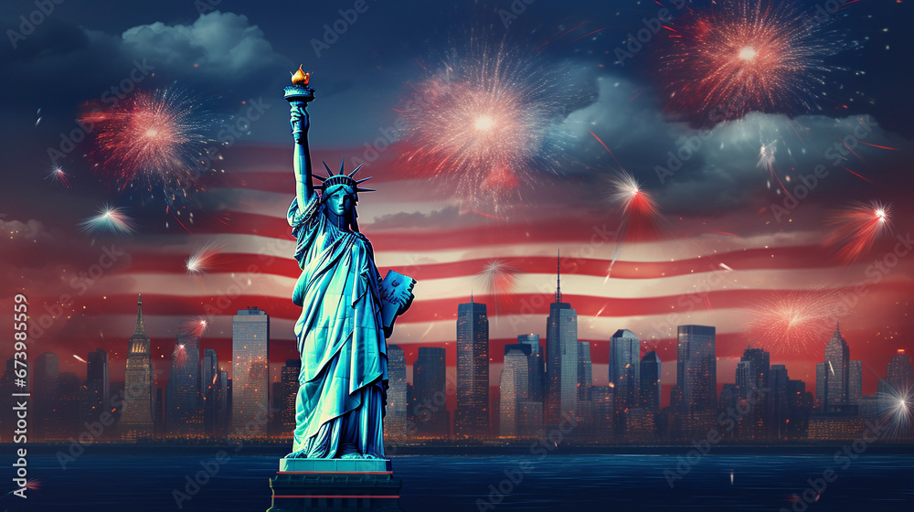 Fototapeta premium fourth of July fireworks, with Statue of Liberty and American flag background 
