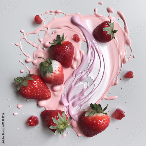 Generative Ai illustrations, A lot of ripe juicy strawberries in milk, cream or yogurt are cut into slices and whole.