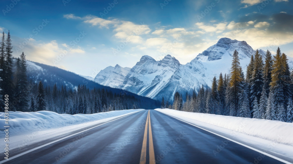 Winter highway leading to snowy mountains. Road trip in winter season. Beautiful landscape with mountain ranges