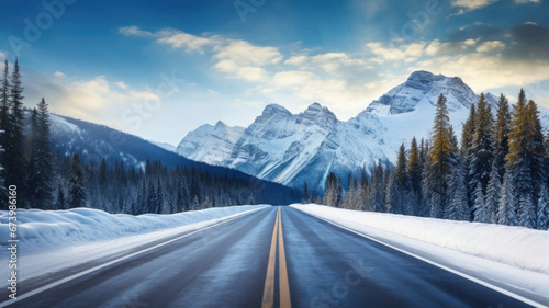 Winter highway leading to snowy mountains. Road trip in winter season. Beautiful landscape with mountain ranges © Lazy_Bear