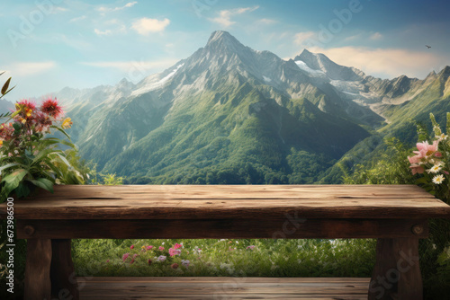 Empty wooden table with mountains background. Place for relax in nature with amazing view on rocky mountain
