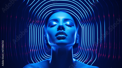 3D face technology, perspective view, neon lighting, blue background
