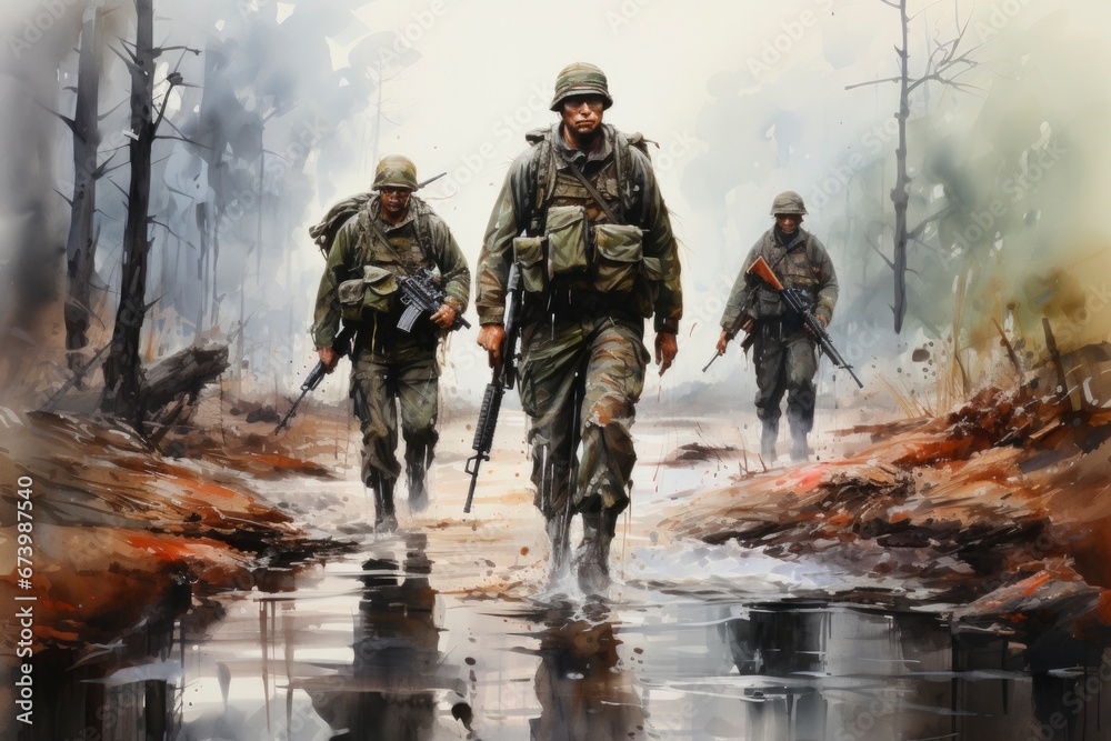 Soldiers clutching weapons march down a road, depicted in a modern watercolor style. Soldiers clutching weapons march down a road, depicted in a modern watercolor style.
