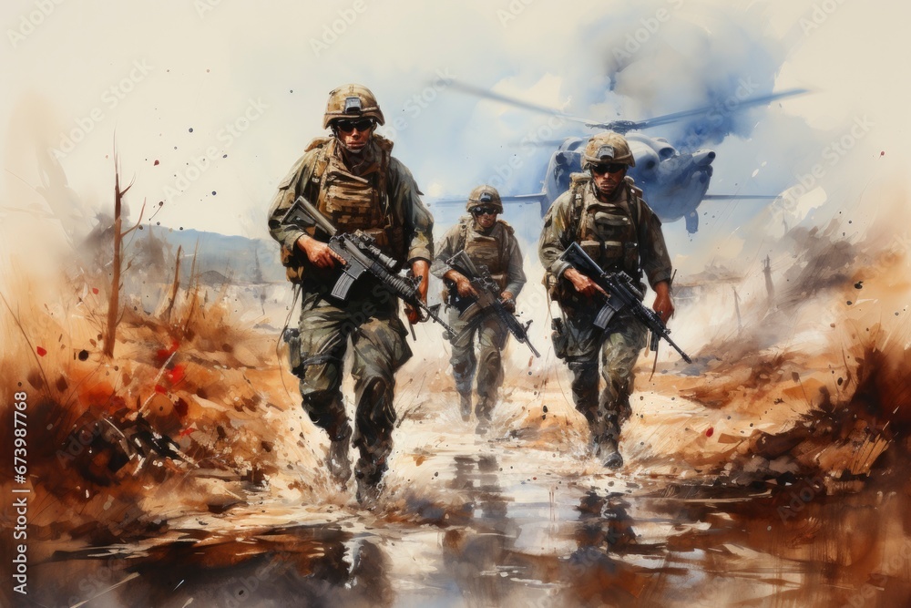 The march of soldiers with weapons along a dusty road is immortalized in this modern watercolor painting.