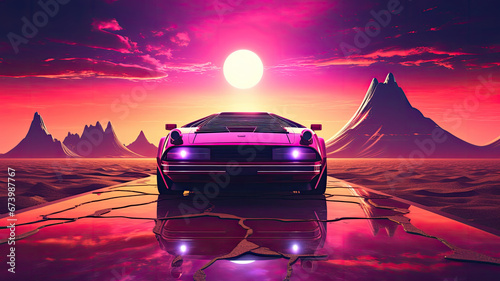 80s retro futuristic drive with vintage car. Stylized sci-fi landscape race in outrun VJ style, night sky. Vaporwave 3D illustration background for EDM music video, DJ set, club. 4k