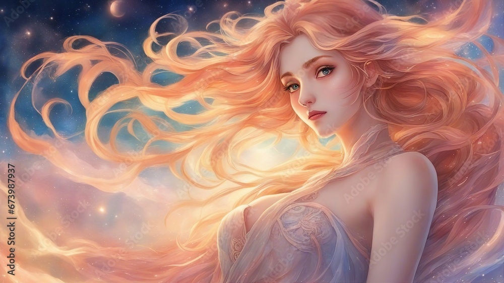 Cartoon inspired anime, anime dream girl with strawberry blond hair and a magic star lit background Cartoon inspired anime, anime dream girl with strawberry blond hair and a magic star lit background