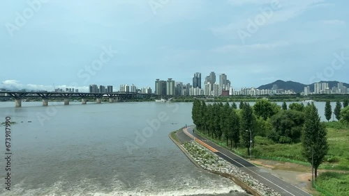 Train ride along the Han river bridge in South Korea - day