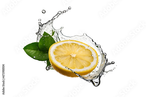 Fresh lemon with green leaves in water splash, isolated on white background