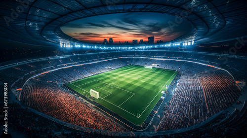 Evening view of a large football stadium full of fans and stands. Beautiful view of a large football stadium with bright lights at night. 