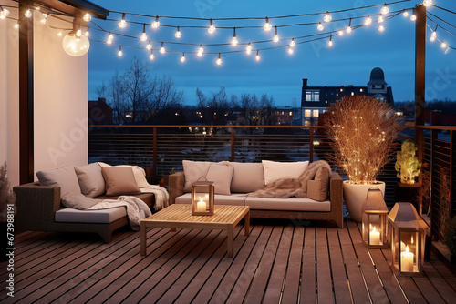 Cozy outdoor roof terrace with a sofa and coffee table is decorated with garlands and lamps