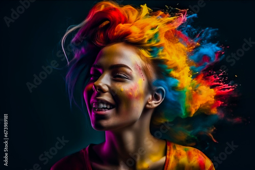 portrait of a girl from the head splashes of paint on a black background, idea, inspiration, art, artist