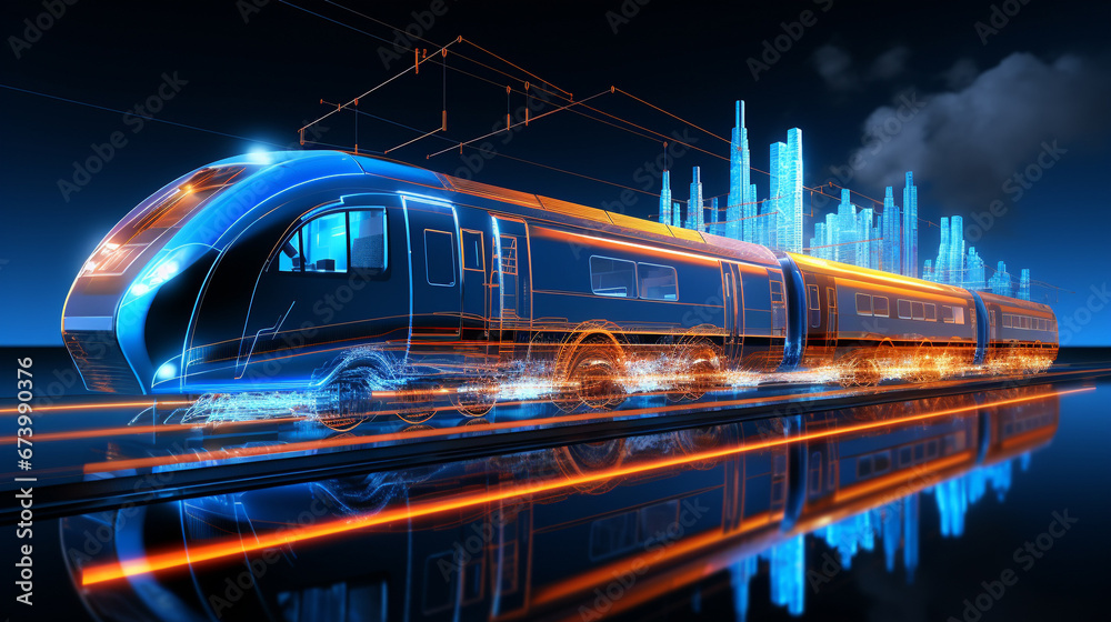 High speed train with blue glowing lines on dark background 3D rendering - obrazy, fototapety, plakaty 