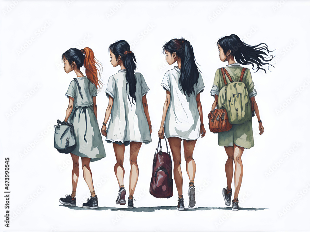 Pintura acuarela de un grupo de chicas caminando de espalda con espalda sobre un fondo fondo blanco liso y aislado. Vista de frente y de cerca. Copy space. IA Generativa - obrazy, fototapety, plakaty 