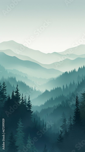 Illustration of foggy forests and mountains, flat vector style, good for vertical advertisements and smartphone backgrounds. 