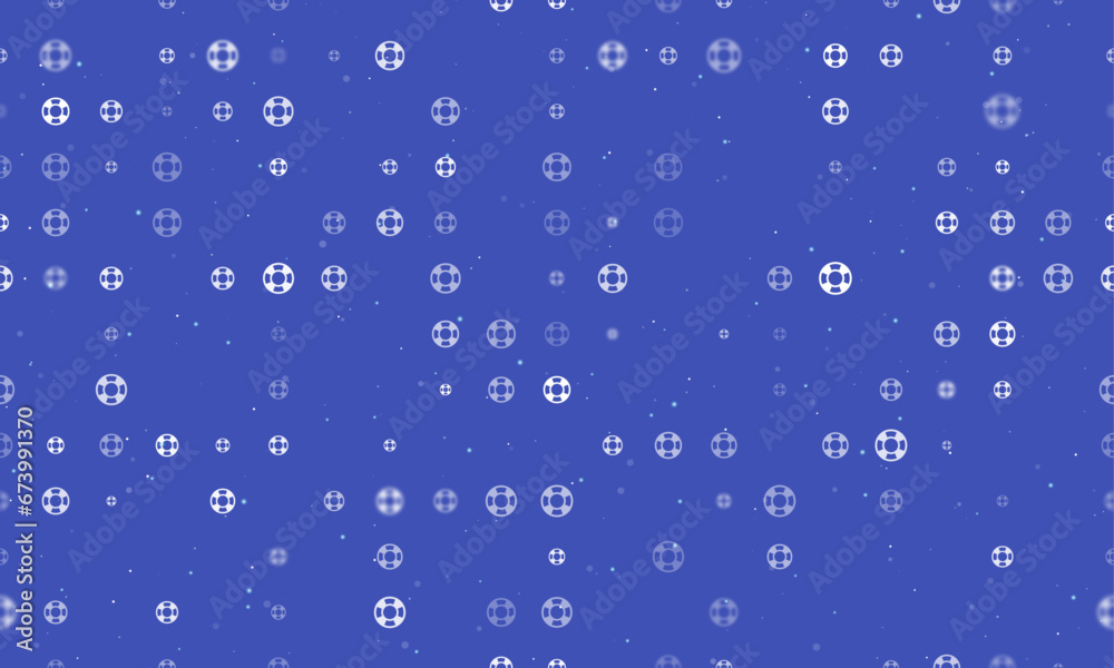 Seamless background pattern of evenly spaced white lifebuoy symbols of different sizes and opacity. Vector illustration on indigo background with stars