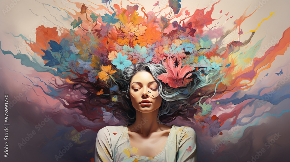 awareness of mental health, closed eyes woman profile with colorful paints and leaves flying around head - obrazy, fototapety, plakaty 