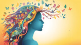 Side view of woman profile, colorful hair, and butterfly flying from hair, isolated yellow background, mental health concept