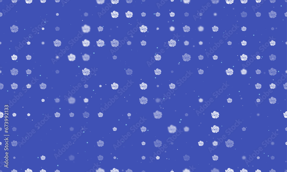 Seamless background pattern of evenly spaced white roses of different sizes and opacity. Vector illustration on indigo background with stars