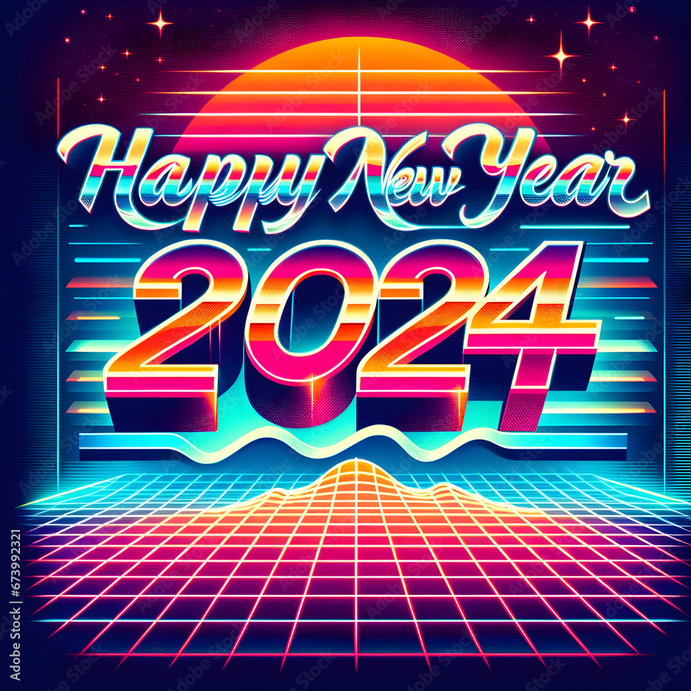  Illustrate 'Happy New Year 2024' with a retro-futuristic wave style. 