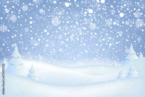 Snowfall Background With Blue Sky And Fir Tree © barbaliss