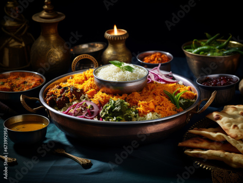 Indian festive food Curry butter chicken, Palak Paneer, Chiken Tikka, Biryani, Vegetable Curry, Papad, Dal, Palak Sabji, Jira Alu, Rice with Saffron on dark background. Bowls and plates with meal. photo