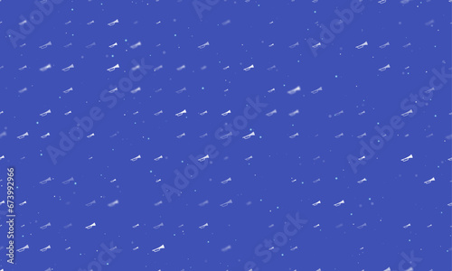 Seamless background pattern of evenly spaced white trumpet symbols of different sizes and opacity. Vector illustration on indigo background with stars
