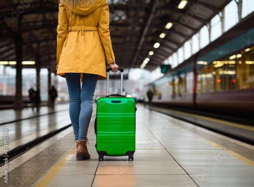 Young female traveler in a bright jacket walking with a green suitcase at the modern railway station and waiting for the train, back view. Concept of an urban transportation and travel.