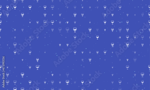 Seamless background pattern of evenly spaced white wineglass symbols of different sizes and opacity. Vector illustration on indigo background with stars