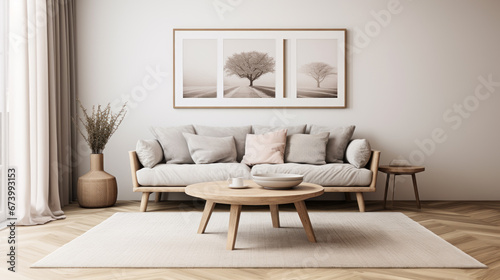 Comfortable gray sofa with pillows and blanket against white classic wall with art posters. Beautiful and cosy mid-century style home interior. Design of minimalist modern scandinavian living room.