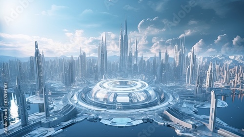 Futuristic city, town. The concept of the future. Aerial view