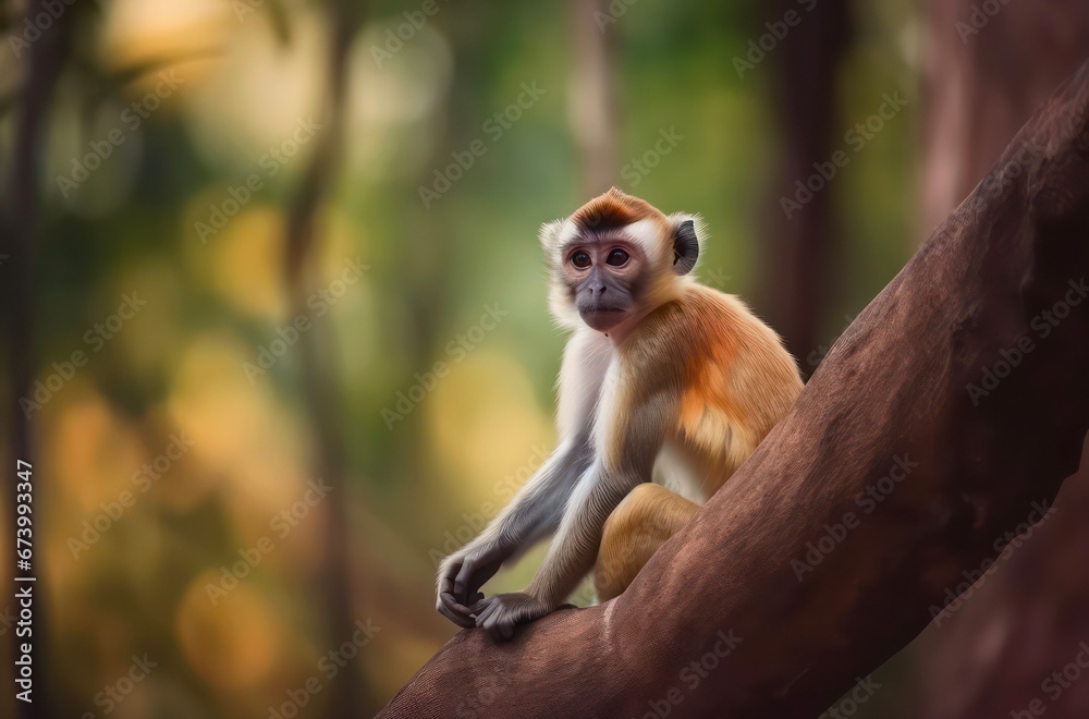 Fototapeta premium Small cute monkey sits on the tree branch.