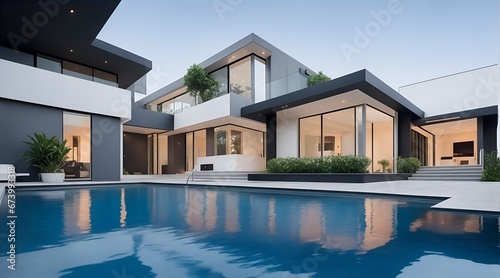 Luxury swimming pool of a modern contemporary house with beautiful architecture and cozy atmosphere. © RobCav