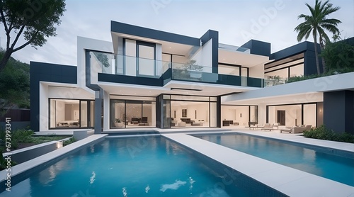 Luxury swimming pool of a modern contemporary house with beautiful architecture and cozy atmosphere. © RobCav