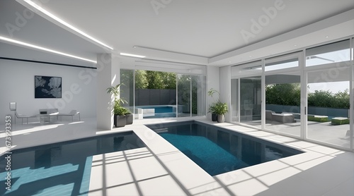 Luxury indoor swimming pool of a modern contemporary house with beautiful architecture and cozy atmosphere.