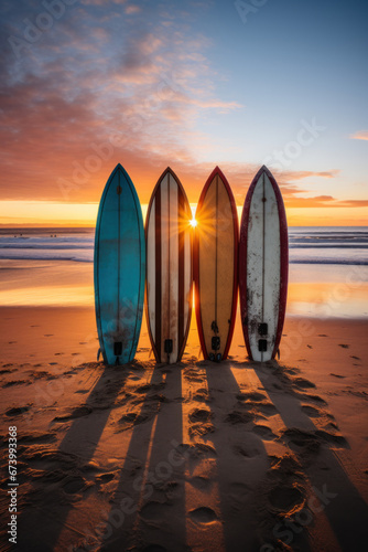 planches de surf plantées dans le sable sur une plage déserte le soir au moment du couché du soleil photo