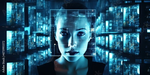 Blue tone of futuristic screen on women face with code and information hologram photo